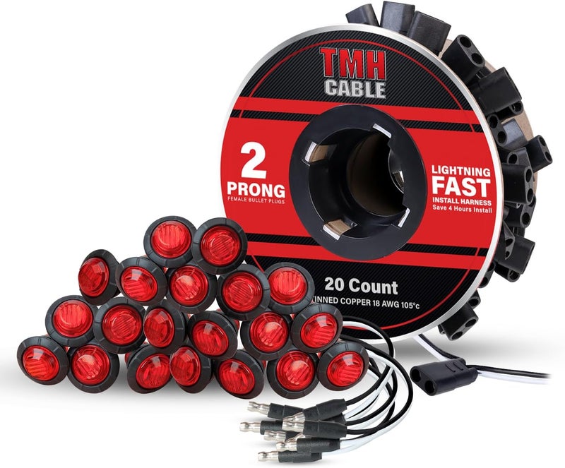 TMH 20 Pcs of 3/4 Inch Side Marker Red Lights with Connector Plug + 2 Pin Continuous Wire Harness, Plug and Play Hassle-Free Installation for Truck Trailer RV Pickup - Image 1